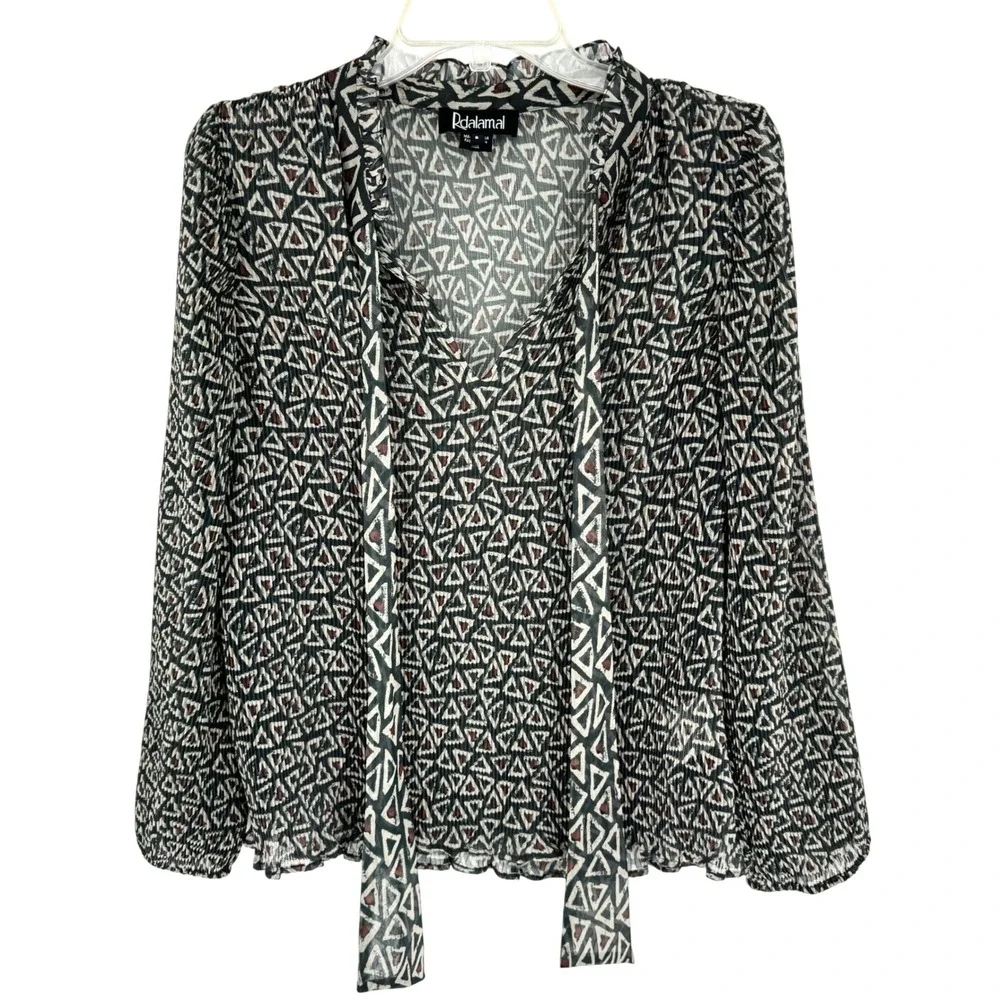 Anthropologie Rinku Dalamal Pleated Tie Neck Bow Blouse Geometric Print‎ Size 8
